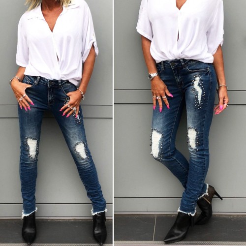 Dámska móda, doplnky - Tmavomodré jeans s perličkvou aplikáciou