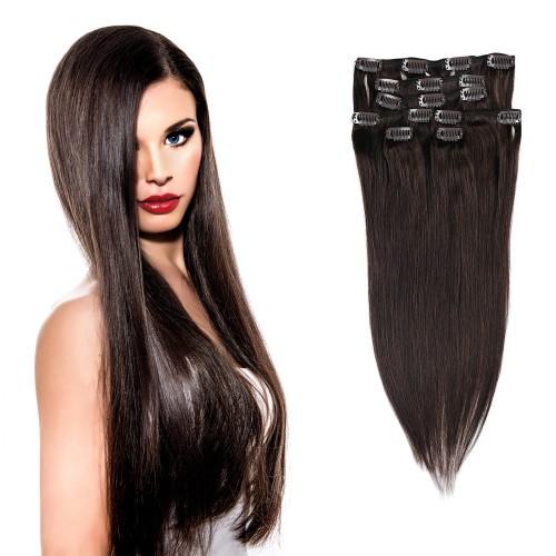 Predlžovanie vlasov, účesy - Clip in vlasy 55 cm ľudské - Remy 70g - odtieň 2 - tmavo hnedá