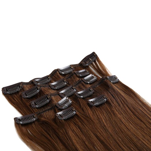 Predlžovanie vlasov, účesy - Clip in vlasy 55 cm ľudské - Remy 70g - odtieň 6 - svetlo hnedá