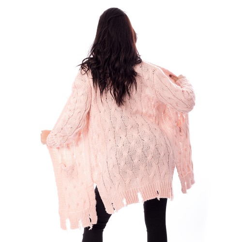 Dámska móda, doplnky - Dámsky dlhý ružový pulóver s trhaním
