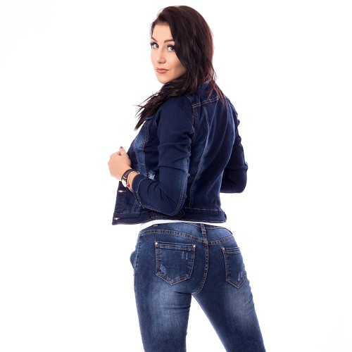 Dámska móda, doplnky - Dámska jeans bunda s trhaním - tmavo modrá