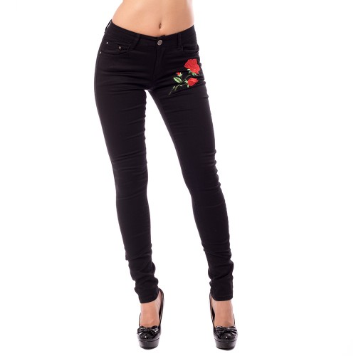Dámska móda, doplnky - Dámske slim jeans s aplikáciou ruže - čierne
