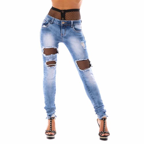 Dámska móda, doplnky - Dámske trhané jeans so sieťovanými pančuchami