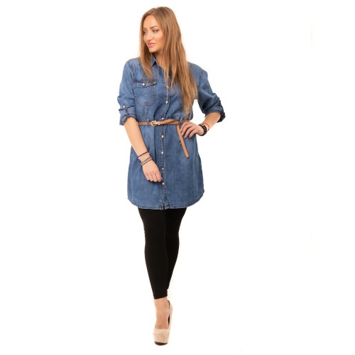 Dámska móda, doplnky - Košeľová jeans tunika k legínam - modrá