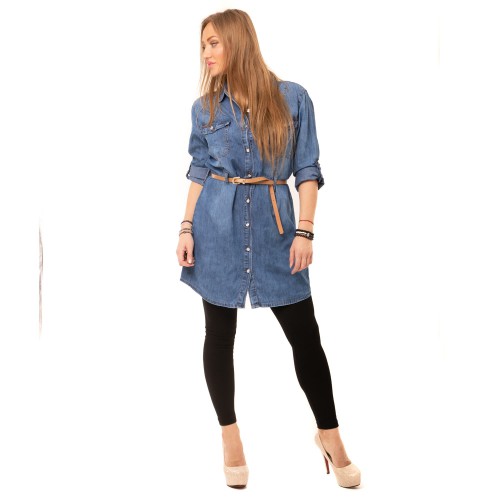 Dámska móda, doplnky - Košeľová jeans tunika k legínam - modrá
