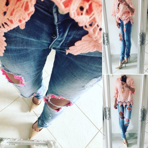 Dámska móda, doplnky - Slim jeans s čipkou - Pinky