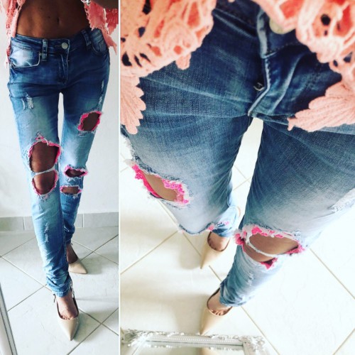 Dámska móda, doplnky - Slim jeans s čipkou - Pinky