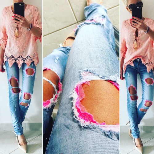 Dámska móda, doplnky - Slim jeans s čipkou - Pinky