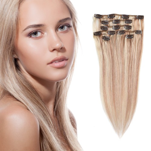 Predlžovanie vlasov, účesy - Clip in vlasy 55 cm ľudské - Remy 70g - odtieň 18/613 - svetlý melír