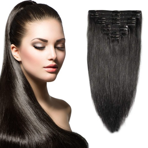 Predlžovanie vlasov, účesy - Clip in vlasy 51 cm 100% ľudské - Remy 100 g - odtieň 1B - prírodna čierna