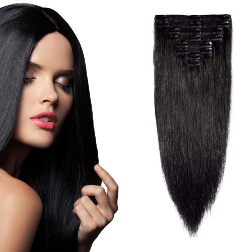 Predlžovanie vlasov, účesy - Clip in vlasy 55 cm 100% ľudské - Remy 100 g - odtieň 1# - uhľovo čierna