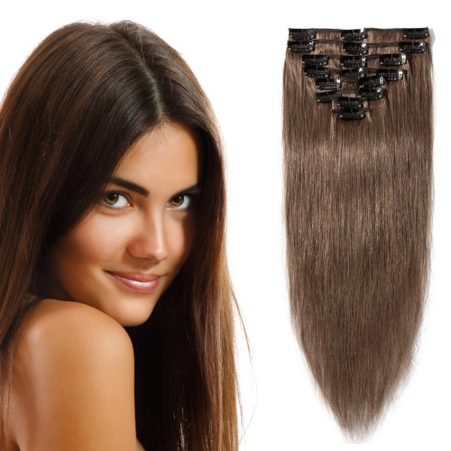 Predlžovanie vlasov, účesy - Clip in vlasy 55 cm 100% ľudské - Remy 100 g - odtieň 6 - stredne hnedá