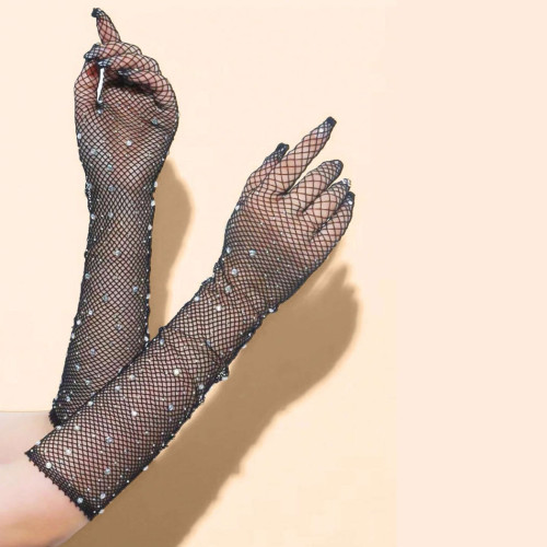 Dámska móda, doplnky - Dámske sieťované dlhé rukavice so zirkónmi