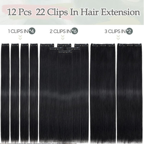 Predlžovanie vlasov, účesy - Clip in sada DE-LUXE 57 cm - odtieň 1# - uhľovočierna