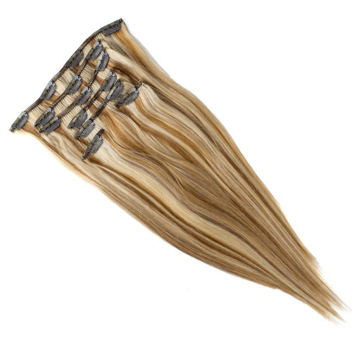 Predlžovanie vlasov, účesy - Clip In vlasy Premium 50 cm / 100 g – Melír ľadová blond – Tmavá blond