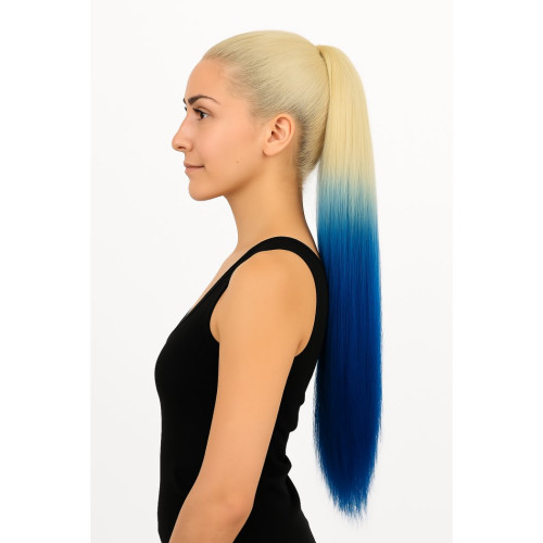Predlžovanie vlasov, účesy - Vrkoč, cop na nasadenie 70 cm, kanekalón - ombre blond - modrá
