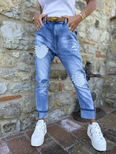 Dámska móda, doplnky - Tmavomodré jeans s perličkovou aplikáciou