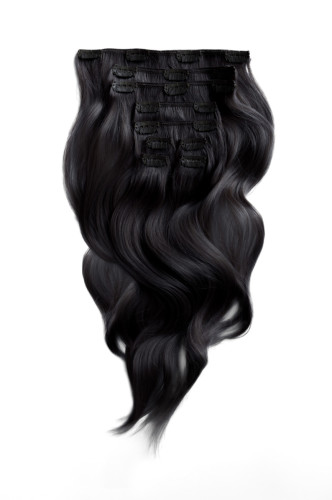 Predlžovanie vlasov, účesy - Clip in vlasy 40 cm - 9dielna sada z pravých ľudských vlasov v čiernej farbe