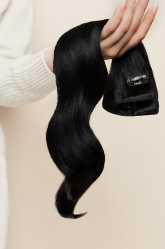 Predlžovanie vlasov, účesy - Clip in vlasy 40 cm - 9dielna sada z pravých ľudských vlasov v čiernej farbe