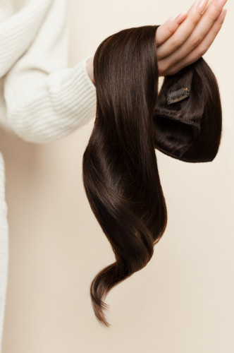 Predlžovanie vlasov, účesy - Clip in vlasy 40 cm – 9dielna sada z pravých ľudských vlasov v stredne hnedej farbe
