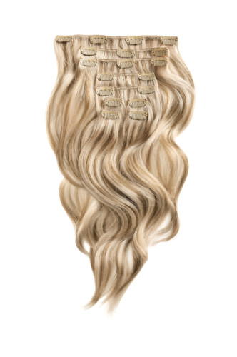 Predlžovanie vlasov, účesy - Clip in vlasy 40 cm – 9dielna sada z pravých ľudských vlasov v melíre ľadová blond a stredná blond