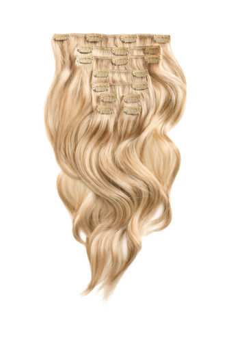 Predlžovanie vlasov, účesy - Clip in vlasy 40 cm – 9dielna sada z pravých ľudských vlasov v melíre ľadová blond a zlatá perleť