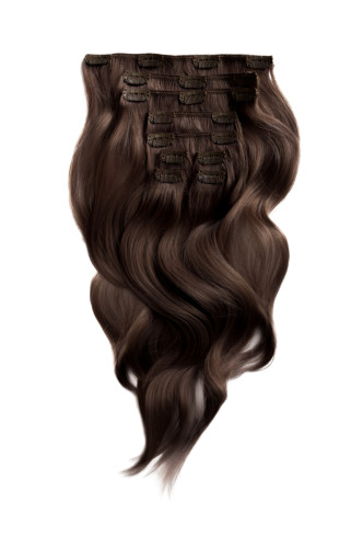 Predlžovanie vlasov, účesy - Clip in vlasy 45 cm – 9 dielna sada z pravých ľudských vlasov v stredne hnedej farbe
