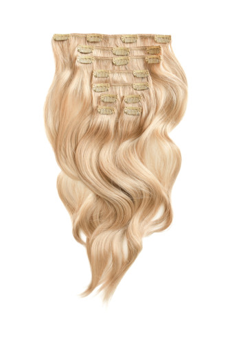Predlžovanie vlasov, účesy - Clip in vlasy 45 cm – 9 dielna sada z pravých ľudských vlasov v blond farbe