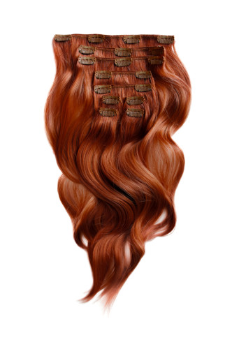 Predlžovanie vlasov, účesy - Clip in vlasy 45 cm – 9 dielna sada z pravých ľudských vlasov v tiziánovej farbe