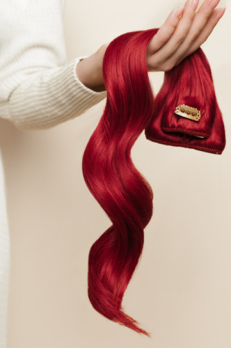 Predlžovanie vlasov, účesy - Clip in vlasy 45 cm – 9 dielna sada z pravých ľudských vlasov v červenej farbe