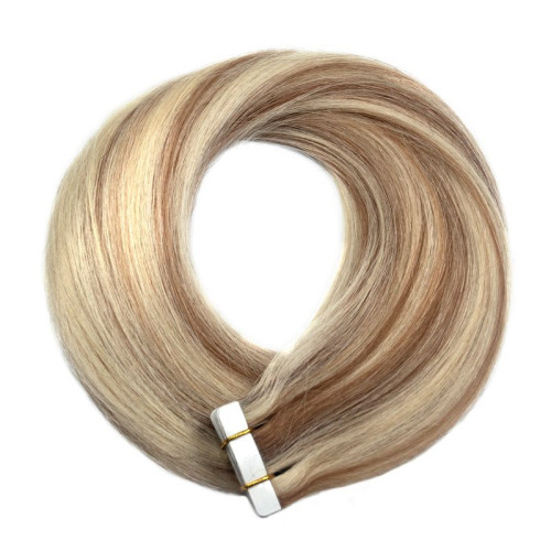 Predlžovanie vlasov, účesy - TAPE IN vlasy Premium 45 cm – 20 pásikov, 50 g, melír ľadová blond / tmavá blond, pravé indické vlasy