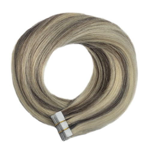 Predlžovanie vlasov, účesy - TAPE IN vlasy Premium 50 cm – 20 pásikov, 50 g, melír ľadová blond / hnedá, pravé indické vlasy