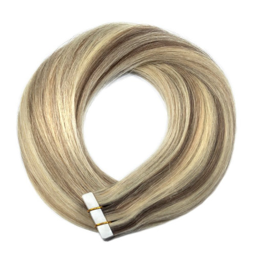 Predlžovanie vlasov, účesy - TAPE IN vlasy Premium 60 cm – 20 pásikov, 50 g, melír ľadová blond / svetlo hnedá, pravé indické vlasy