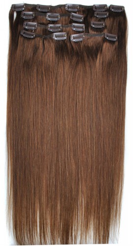 Predlžovanie vlasov, účesy - Clip in vlasy 51 cm 100% ľudské - Remy 100 g - odtieň 4 - stredne hnedá