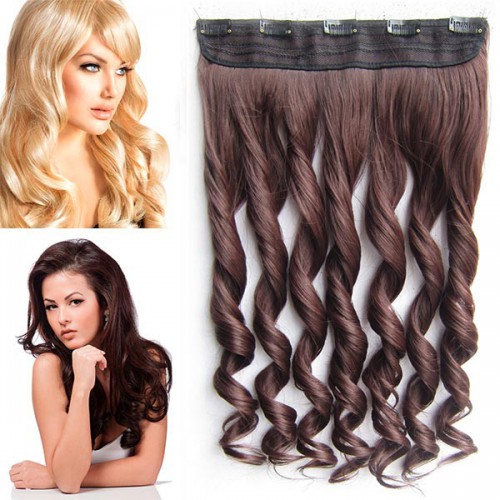 Predlžovanie vlasov, účesy - Clip in vlasový pás - lokne 55 cm - odtieň 4/33 - tmavo hnedý mix