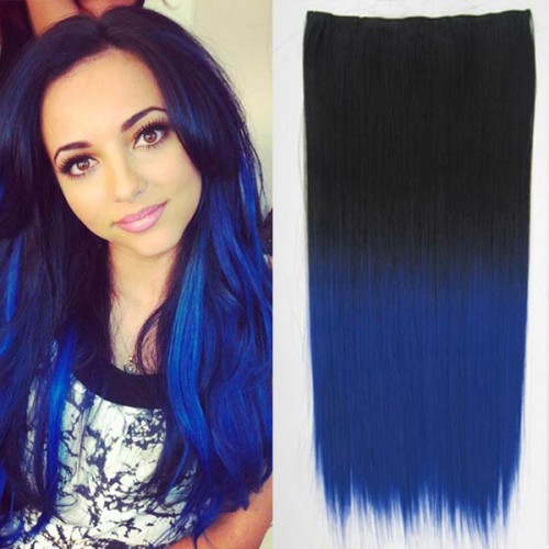 Predlžovanie vlasov, účesy - CClip in vlasy - rovný pás - ombre - odtieň Black T Blue