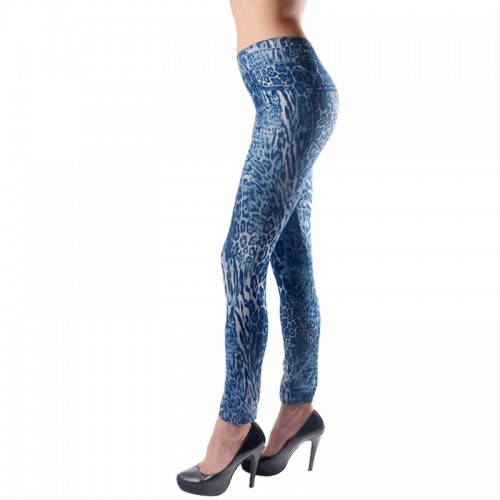 Dámska móda, doplnky - Dámske džínsové - modré legínové nohavice s gepardím vzorom
