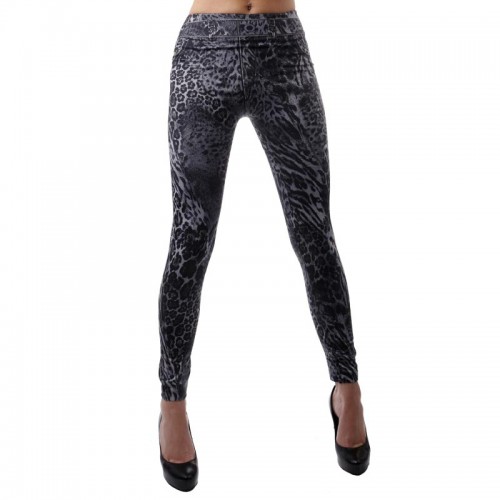 Dámska móda, doplnky - Dámske džínsové - šedé legínové nohavice s gepardím vzorom