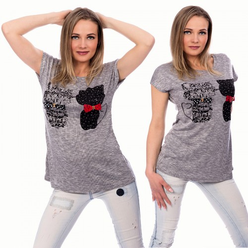 Dámska móda, doplnky - Dámske tričko s aplikáciou mačiek - svetlo šedé