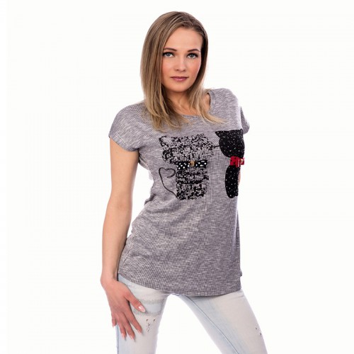 Dámska móda, doplnky - Dámske tričko s aplikáciou mačiek - svetlo šedé