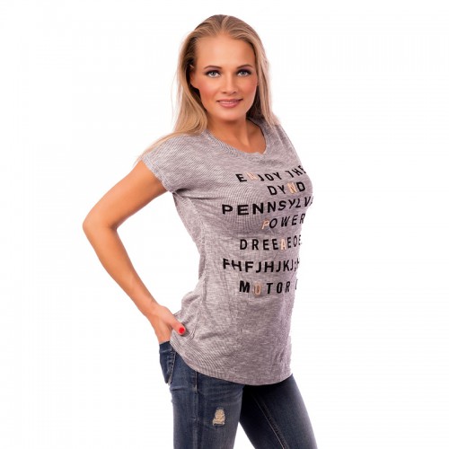Dámska móda, doplnky - Dámske tričko s módnou aplikáciou METALLIC LETTER - svetlo šedé