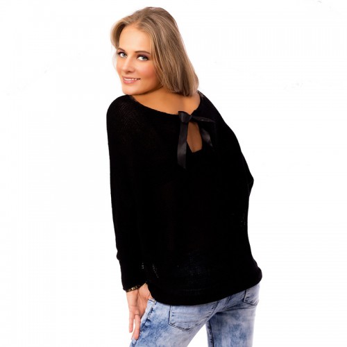 Dámska móda, doplnky - Dámsky čierny svetrík s mašličkou na chrbte