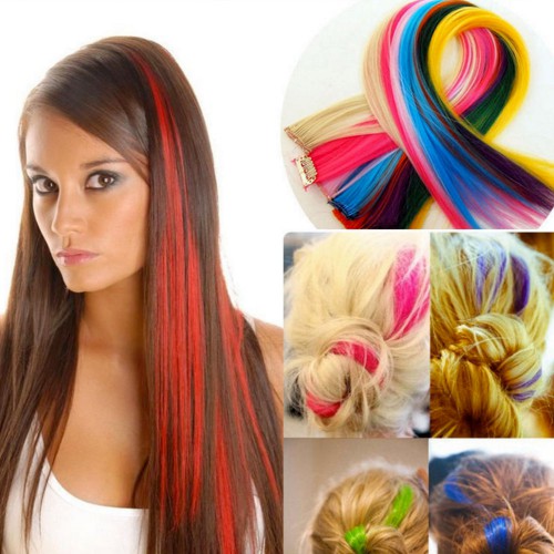 Predlžovanie vlasov, účesy - Sada farebných clip in pásikov 55 cm - 7 ks