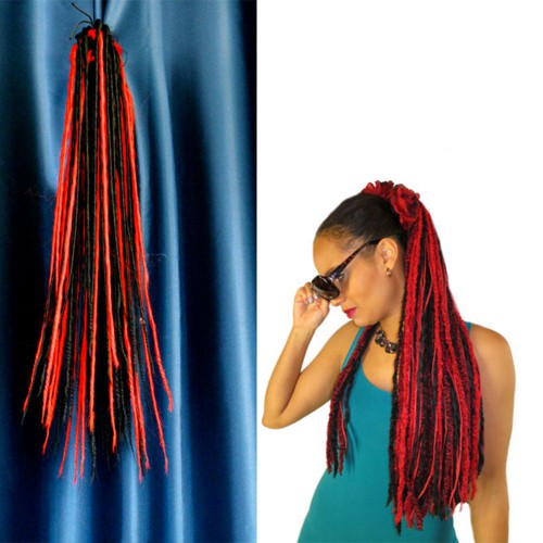Predlžovanie vlasov, účesy - Rasta vrkoč - cop rovný 57 cm na štipci - čierny / červený