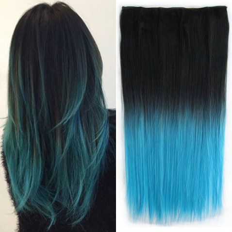Clip in vlasy - rovný pás - ombre - odtieň Black T Light Blue