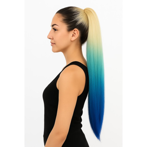 Vrkoč, cop na nasadenie 70 cm, kanekalón - ombre blond - modrá dúha
