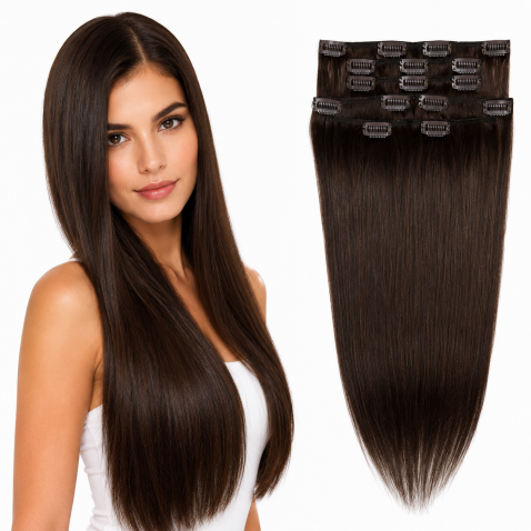 Clip in vlasy 55 cm ľudské - Remy 70g - odtieň 2 - tmavo hnedá