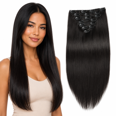 Clip in vlasy 55 cm ľudské - Remy 70g - odtieň 1B - prírodna čierna