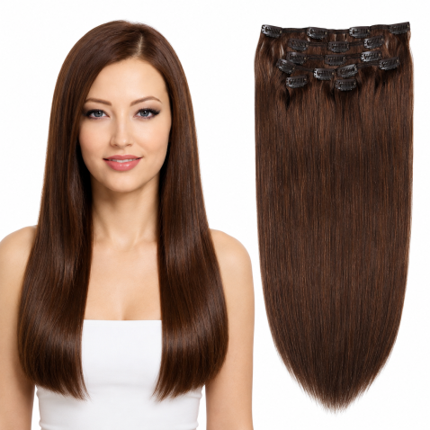 Clip in vlasy 55 cm ľudské - Remy 70g - odtieň 4 - stredne hnedá