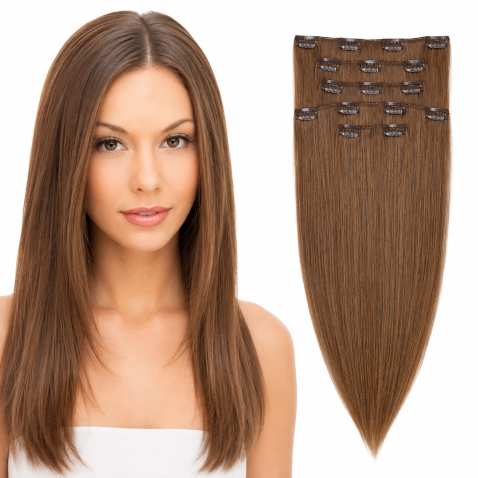 Clip in vlasy 55 cm ľudské - Remy 70g - odtieň 8 - svetlo hnedá